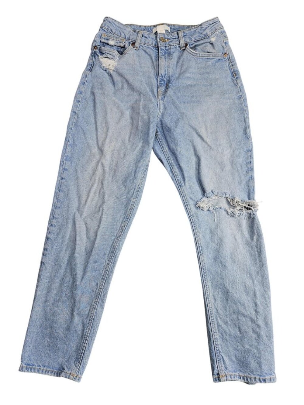 H&M Mom Jeans Womens 8 Blue Light Wash High Rise Distressed Stretch Denim